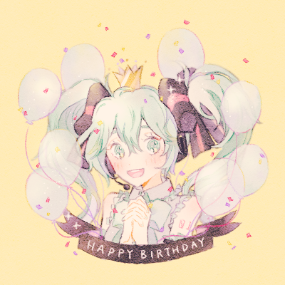 hatsune miku 1girl balloon solo twintails crown yellow background open mouth  illustration images