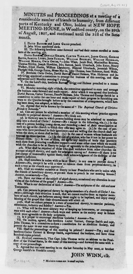 KyHistSoc's tweet photo. Between August 29th and 31st, 1807, a group of Kentucky and Ohio citizens met at the New Hope Meeting House to denounce the institution of “perpetual slavery.” After a day of preaching, this group decided to band together as The Baptized Church of Christ – Friends to Humanity. https://t.co/EyMpHDGV6j