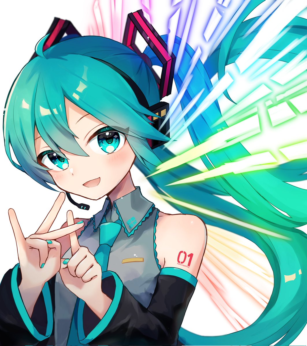 hatsune miku 1girl solo long hair detached sleeves necktie twintails smile  illustration images