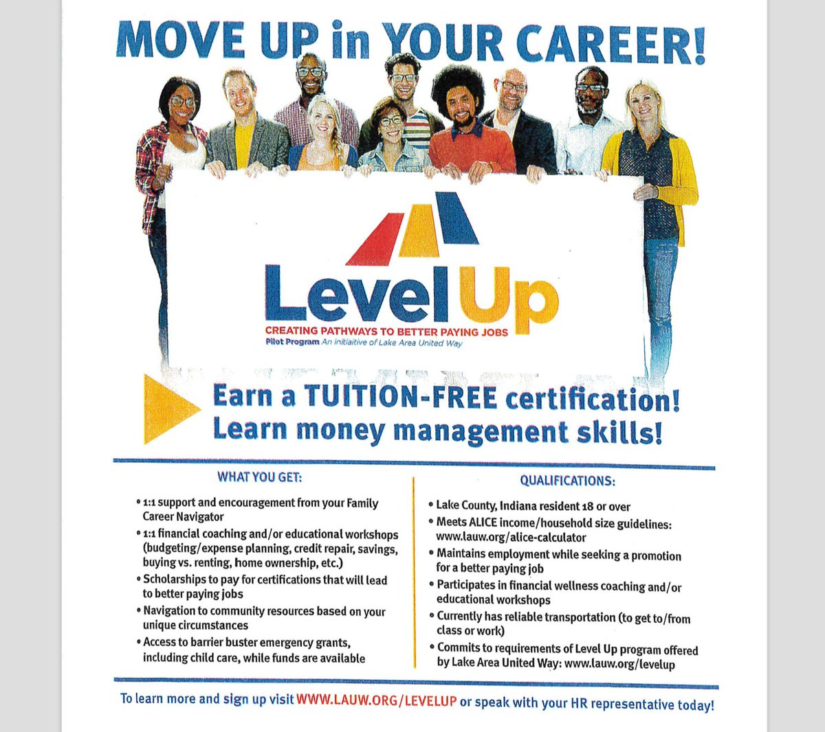 Our LevelUp Program provides qualified residents with the opportunity to earn a tuition-free certification, learn money management skills, and MUCH more!

Call Talisa Rogers-Hall, Family Career Navigator, (708) 337-3246, for more information.