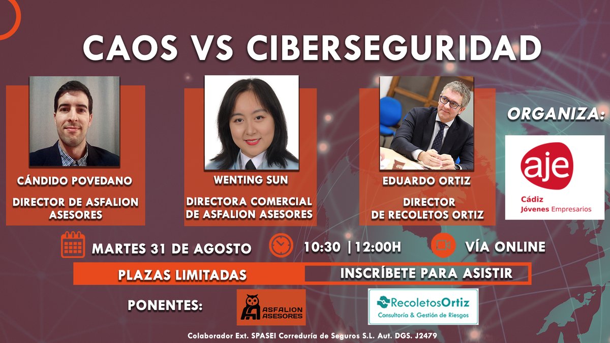 recoletosconsul's tweet photo. Hoy a las 10:30h se realizará la jornada “Caos vs Ciberseguridad”.

Inscríbete aquí:
https://t.co/r3JL1GFMpt

Ponentes: Cándido Povedano, Director de @AsfalionAsesor , Wenting Sun, Directora Comercial de @AsfalionAsesor y Eduardo Ortiz, Director de 
@RecoletosOrtiz. https://t.co/oynfR5KdQi