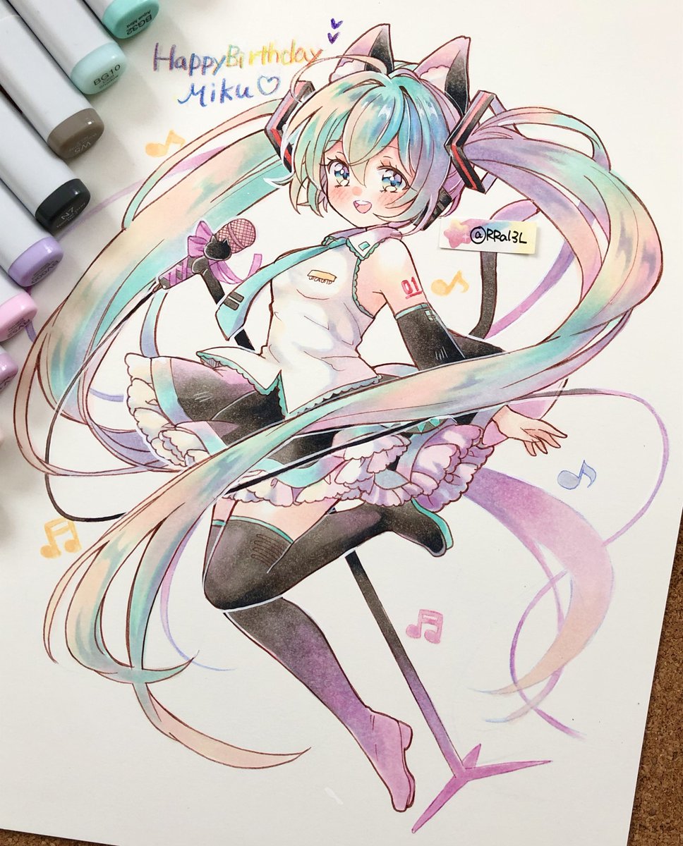 hatsune miku 1girl solo microphone marker twintails skirt traditional media  illustration images