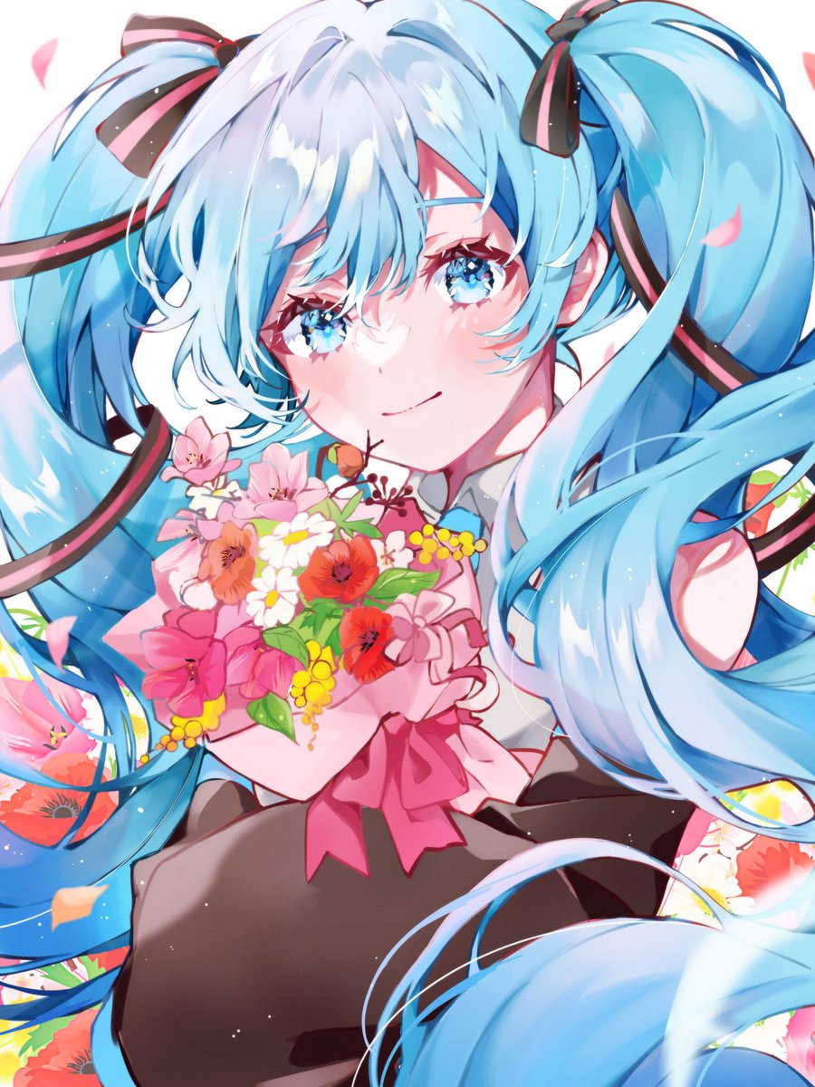 hatsune miku 1girl solo flower twintails bouquet long hair smile  illustration images