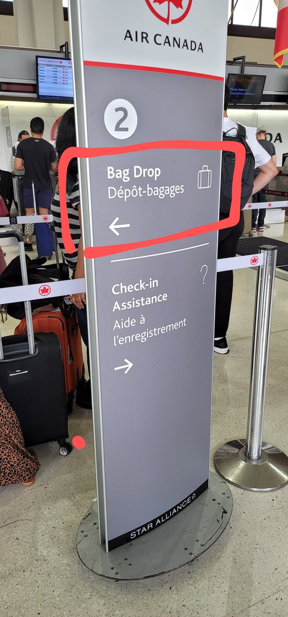 There's no Bag Drop at EWR, everyone is forced to go to check-in assistance. I waited to drop my bag, only to be sent back to the check-in line. Remove this sign please. <a href="/AirCanada/">Air Canada</a>