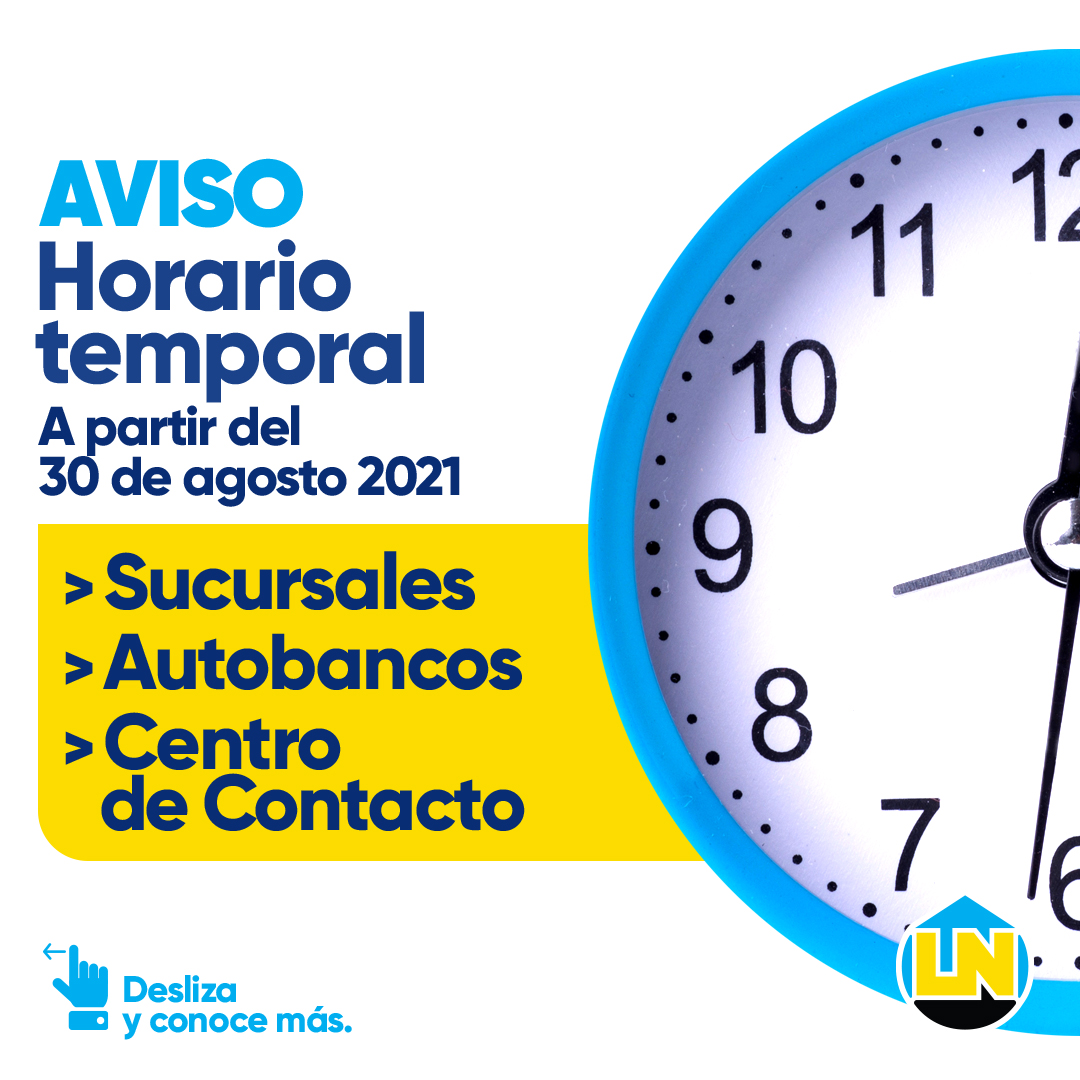 AsocLaNacional's tweet photo. A partir del lunes 30 de agosto 2021, nuestras #Sucursales, #Autobancos y #CentrodeContacto tendrán nuevo horario, con el propósito de continuar ofreciéndote nuestros #serviciosfinancieros y atender tus necesidades, dentro de todo el protocolo de prevención que hemos activado. https://t.co/7VrgAYKbnM