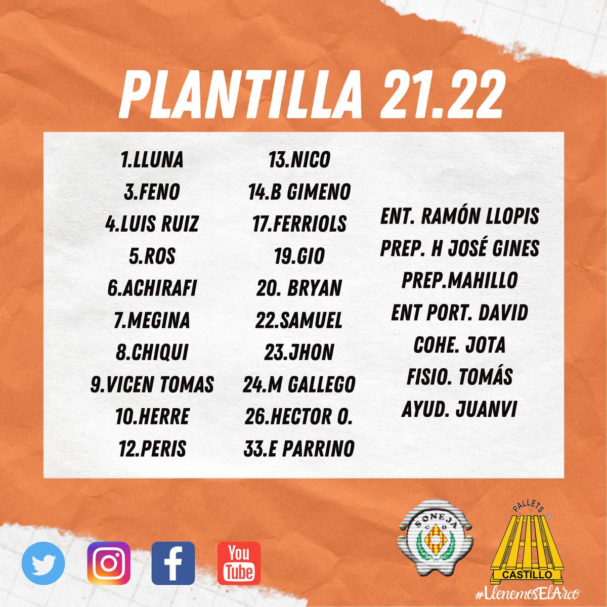 CDSONEJA's tweet photo. 𝗣𝗟𝗔𝗡𝗧𝗜𝗟𝗟𝗔 𝗢𝗙𝗜𝗖𝗜𝗔𝗟 21.22

👁️Aquí os dejamos la plantilla que formará el CD Soneja para este año con su dorsal.

#LlenemosElArco https://t.co/3YZ2Rk7o1o