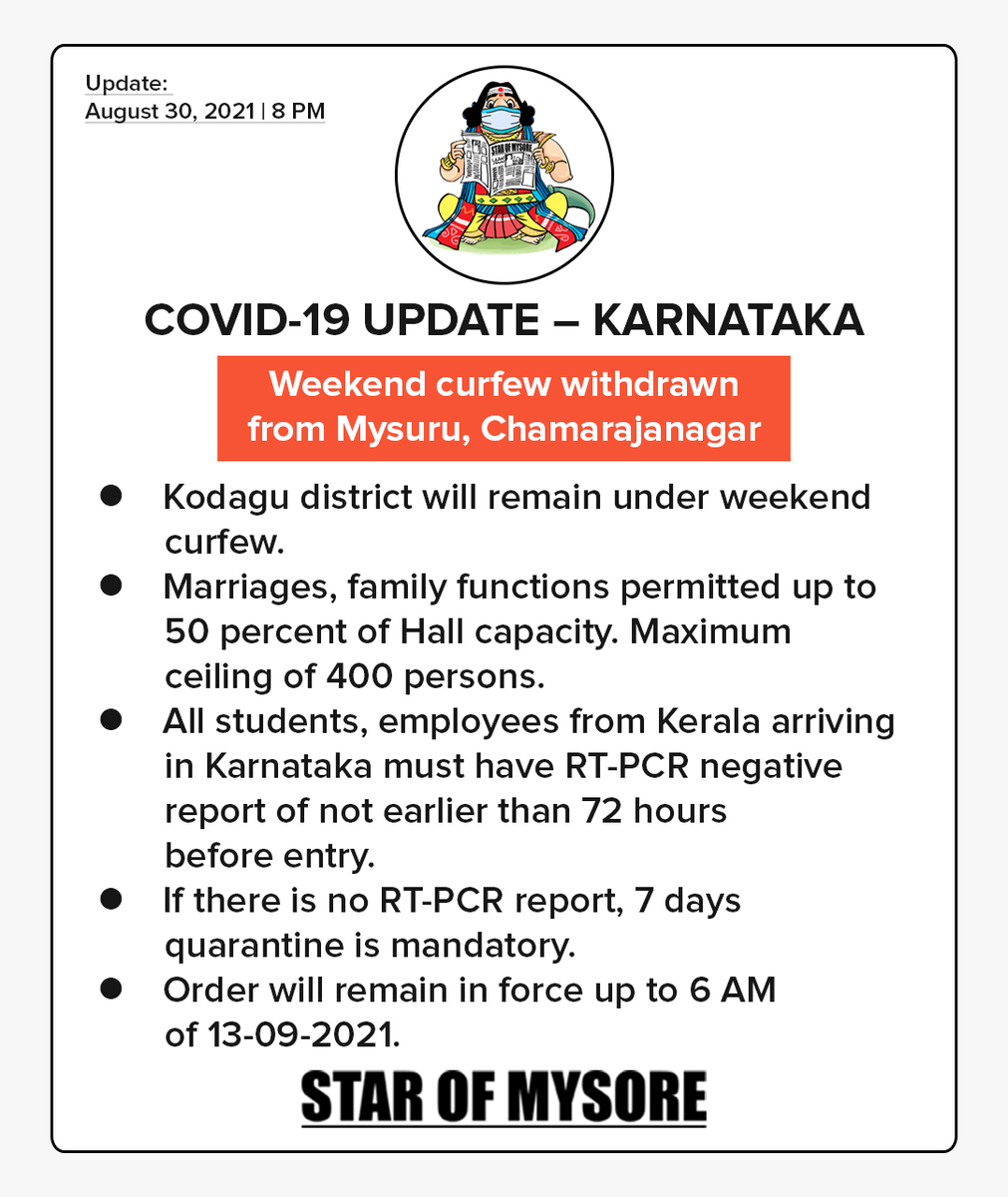 Star_Of_Mysore's tweet photo. Weekend curfew withdrawn from Mysuru, Chamarajanagar. https://t.co/MKb23cV0SN