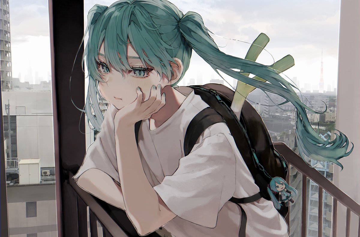 hatsune miku spring onion 1girl solo twintails bag backpack shirt  illustration images