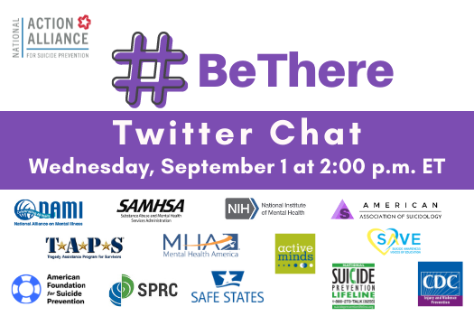 samhsagov's tweet photo. Join us this Wednesday, September 1st at 2pm ET for a #BeThere Twitter chat hosted by @Action_Alliance. 

As we kick off #SuicidePreventionMonth, it’s important to remember we all have a role to play in suicide prevention. We hope to see you there! #SPM21 https://t.co/fkptEtVYe5