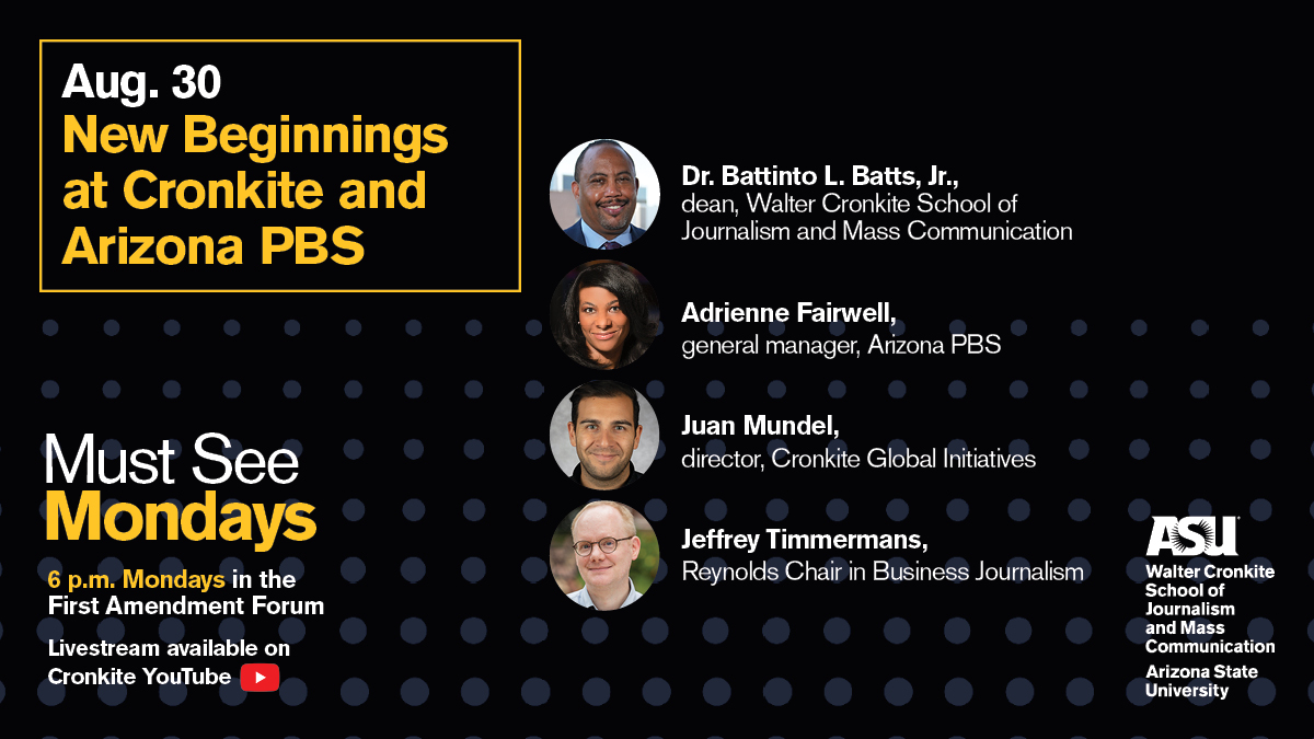 Today, meet the newest leaders of #CronkiteNation and beyond! <a href="/battintobattsjr/">dr.battintobattsjr.</a>, <a href="/AFairwell/">Adrienne Fairwell</a>, @juanmundel and <a href="/jtimmermans/">Jeffrey Timmermans</a> share their vision and goals for the new academic year. Join us at the First Amendment Forum at 6:00 p.m.! 

Details: ow.ly/rxFE50FV6nn