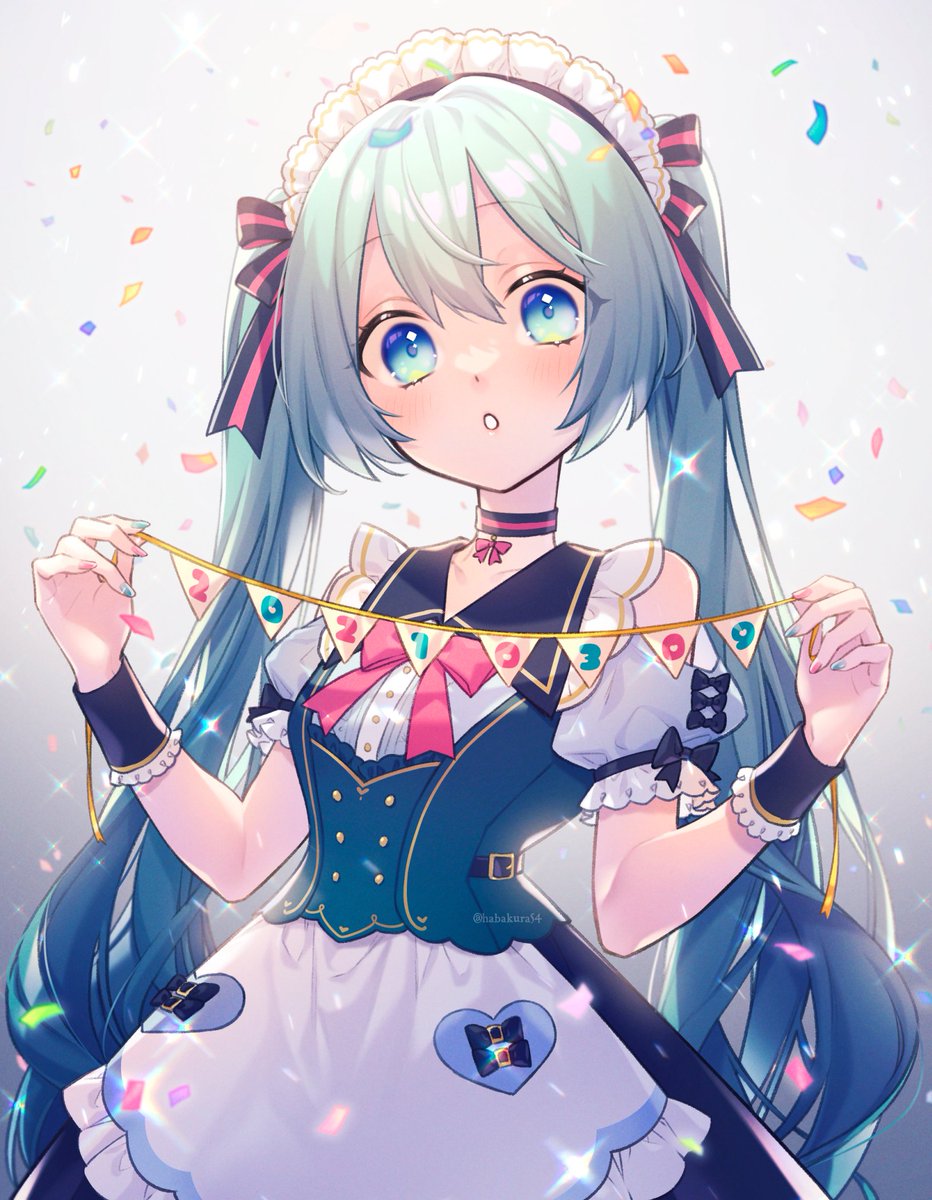 hatsune miku 1girl solo string of flags twintails long hair maid headdress confetti  illustration images