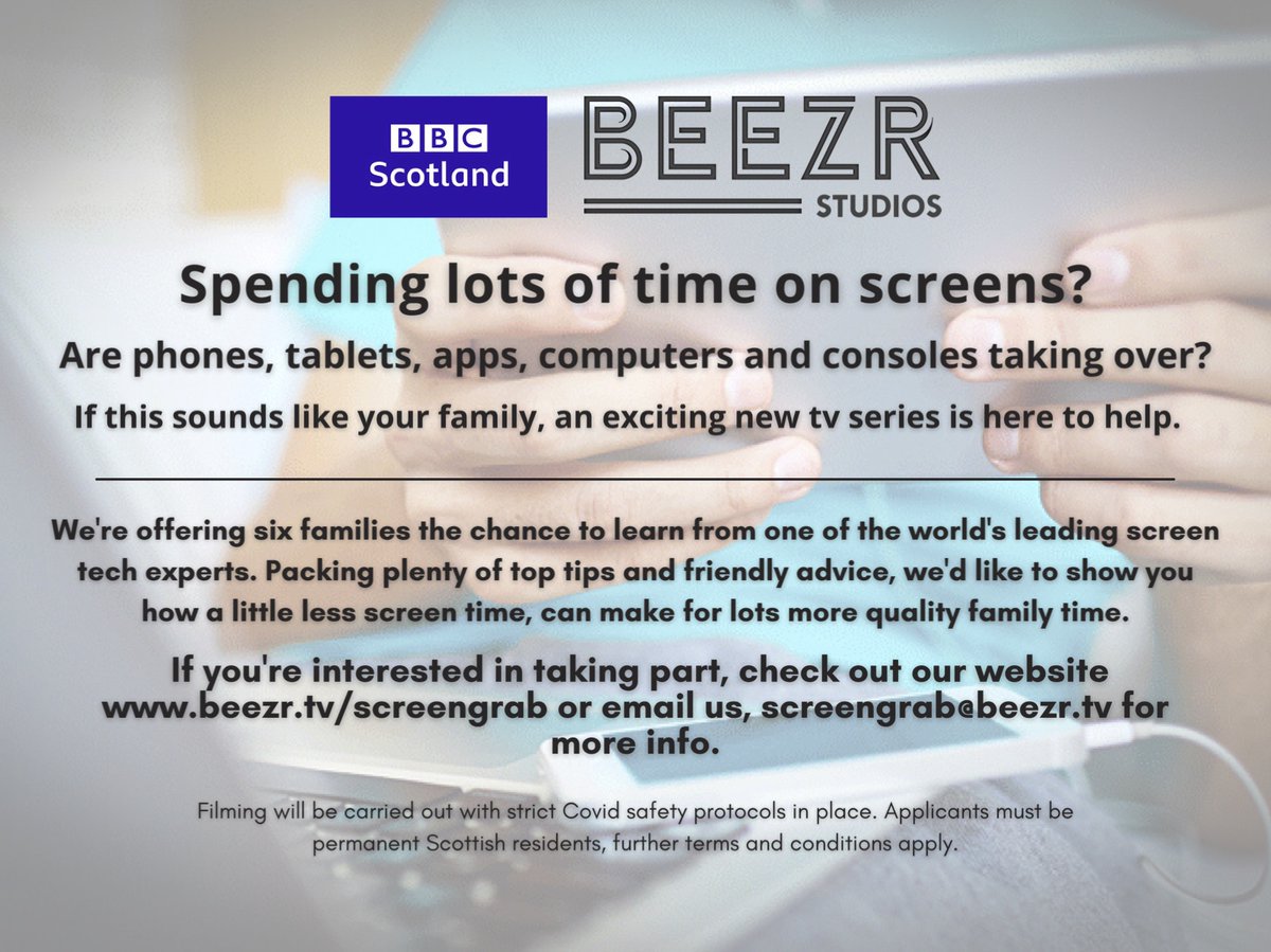 <a href="/FlickCasting/">@flickcasting</a> Please RT: We're looking for families to take part in a new <a href="/BBCScotland/">BBC Scotland</a> series.  We want to help them create better habits with their screens and stop the mindless scrolling! (we all do it...) beezr.tv/screengrab for details #beontv #castingcall