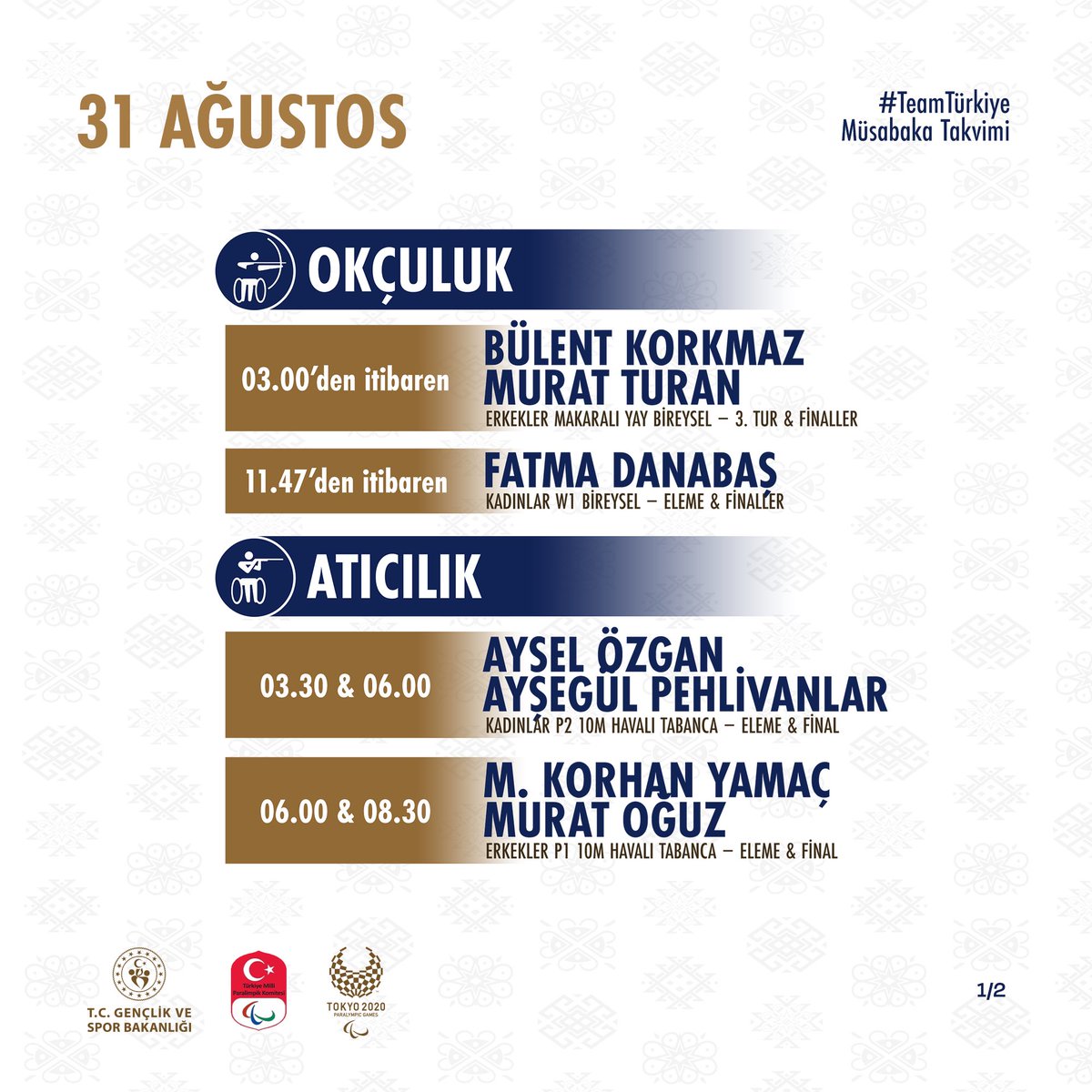 TeamTurkiye's tweet photo. #Tokyo2020 Paralimpik Oyunları’nın 7. gününde 4 branşta 14 sporcu ve goalball erkek takımımız mücadele edecek. Takipte kalın ! 

#BizBiriz #TeamTürkiye #WeThe15 https://t.co/wn0J6IifOx