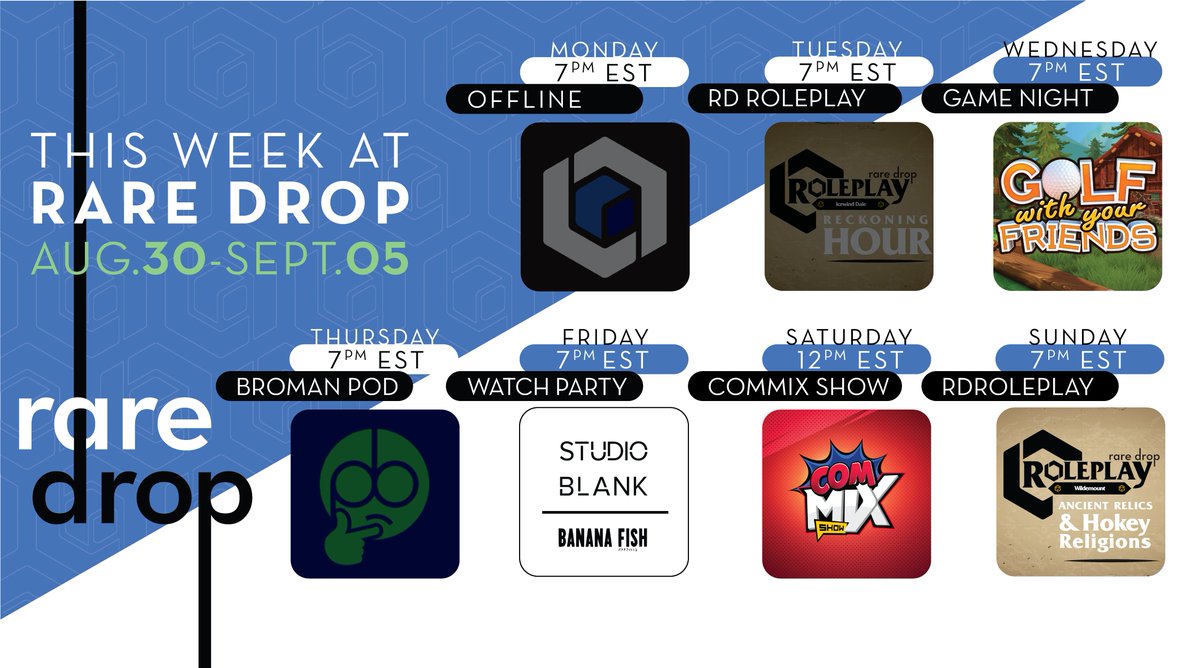 RareDropCo's tweet photo. This Week at Rare Drop is here!
Our Game Nights return this month as we kick them off with a Golf With Friends evening this Wednesday! Join the team as they put put around and then catch us later in the week for more #Commix & #DnD action!
https://t.co/djhIVLVfFa https://t.co/9Mza0O4E1S