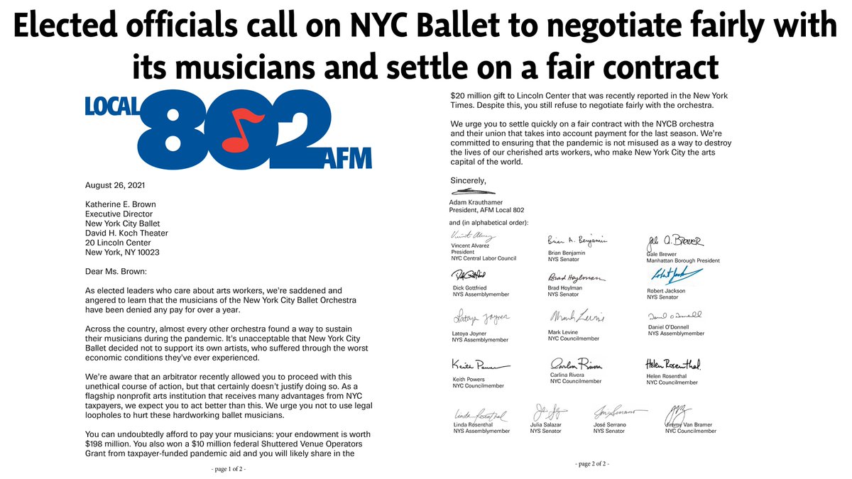Elected officials call on <a href="/nycballet/">nycballet</a> to negotiate fairly with its musicians and settle on a fair contract! Read press release here: mailchi.mp/local802afm/ny…