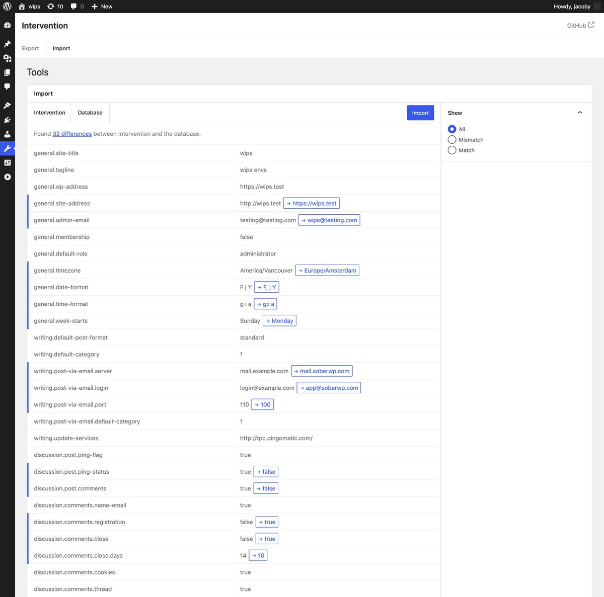 Intervention import tool coming together! Import provides an easy way to compare database and config file values, with the option to import those values to the database.