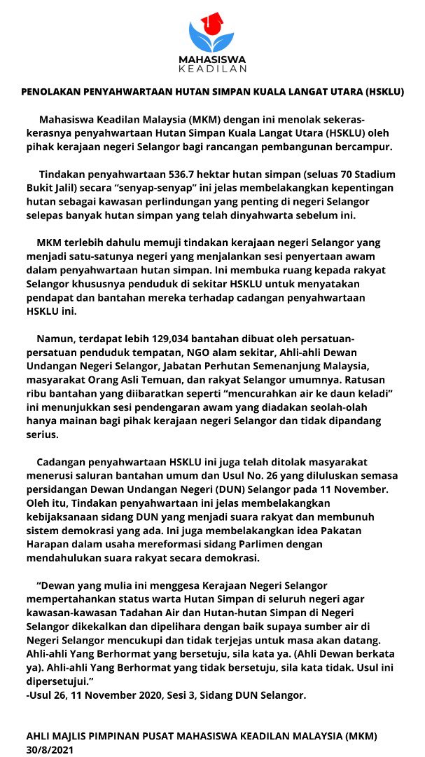 msiswakeadilan's tweet photo. Kenyataan Media Mahasiswa Keadilan Malaysia
Seperti mencurahkan air ke daun keladi, ratusan ribu bantahan tidak dipedulikan. Mahasiswa Keadilan Malaysia dengan ini menolak tindakan penyahwartaan hutan simpan oleh kerajaan negeri Selangor.
#savehsklu #hutanpergimana https://t.co/BjdyE1CHY8