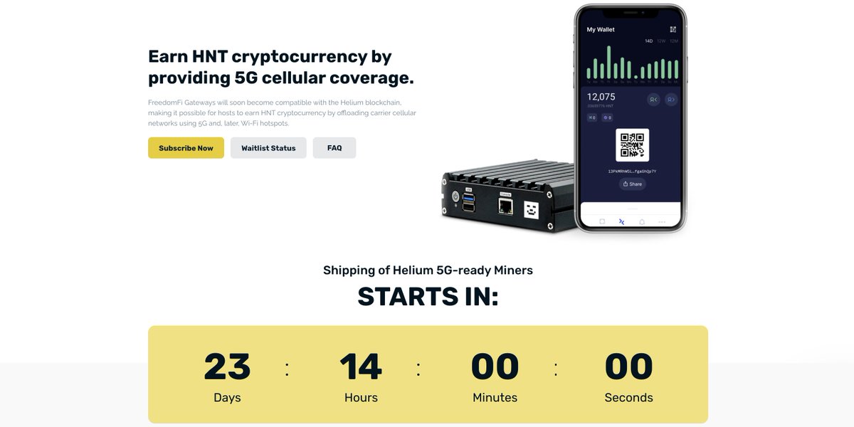 helium's tweet photo. 5G is coming as the second decentralized Network incentivized by $HNT! The first @Open5G Gateways will be shipped to reservation holders in 23 days ⏳. See the countdown, deployment timeline, and FAQ: https://t.co/YFSi8I6mt5. https://t.co/j0m7BKvG2d
