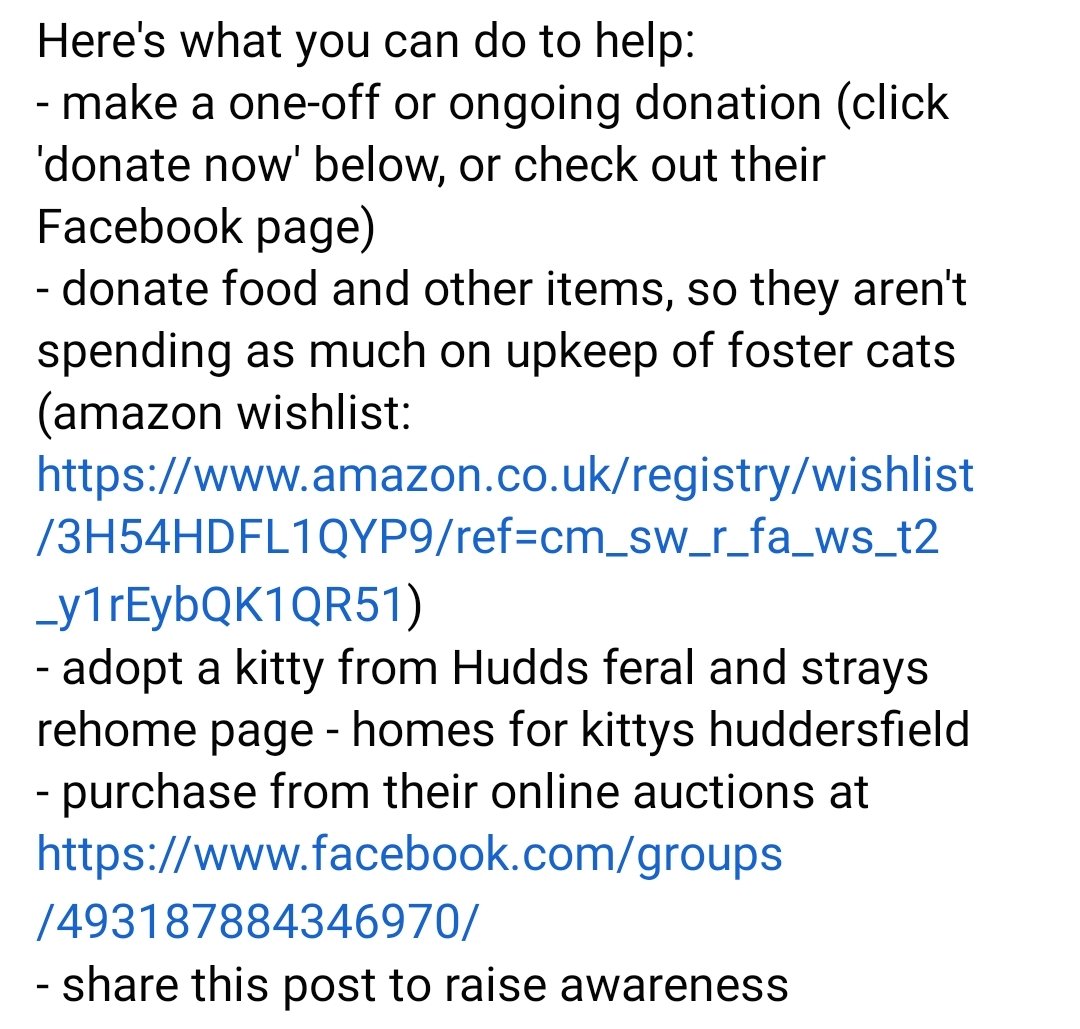 Here's what you can do to help:
- make a one-off or ongoing donation (check out their Facebook page for details) 
- donate food and other items (amazon wishlist: amazon.co.uk/registry/wishl…)
- adopt a kitty facebook.com/catsforhomeshu…
- retweet!