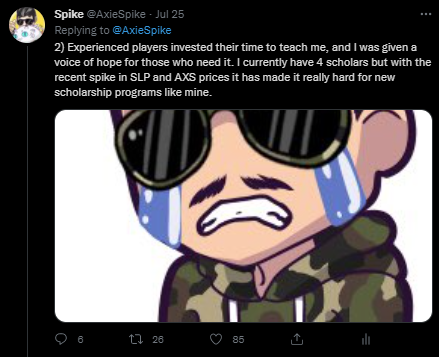 SpikeCollects's tweet photo. 1)✨@AxieInfinity Success Story✨. I can't shill the amazing people from @mttm_official enough. I started my scholarship program with a modest sum. When AXS pumped last month I didn't think I could do it. I didn't have a proper farm and I set up scholars too fast. https://t.co/J9wRu7VRZp