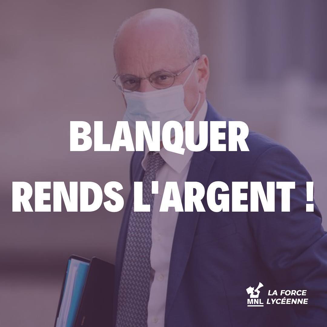 MNL_National's tweet photo. Nouvelle sortie méprisante du ministre. 

À l'heure de la rentrée, Blanquer préfère accabler les classes populaires au lieu d'éviter une nouvelle flambée épidémique dans nos lycées !

Pour une rentrée solidaires écologique et sociale : syndique toi ! ✊
#BlanquerMent https://t.co/kLPTDlmfDK