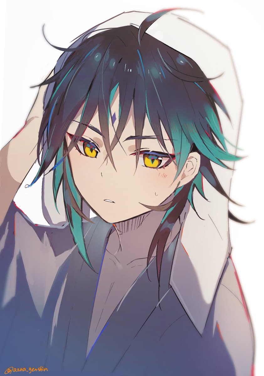 xiao (genshin impact) 1boy male focus solo towel on head simple background black hair yellow eyes  illustration images