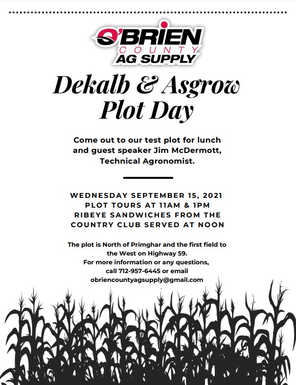 obcagsupply's tweet photo. Come join us on September 15th for our Dekalb &amp; Asgrow Plot Day at our test plot just North of Primghar! Plot tours will be at 11am and 1pm and lunch will be served at noon. We hope to see you there! https://t.co/ibwh5vS2WT