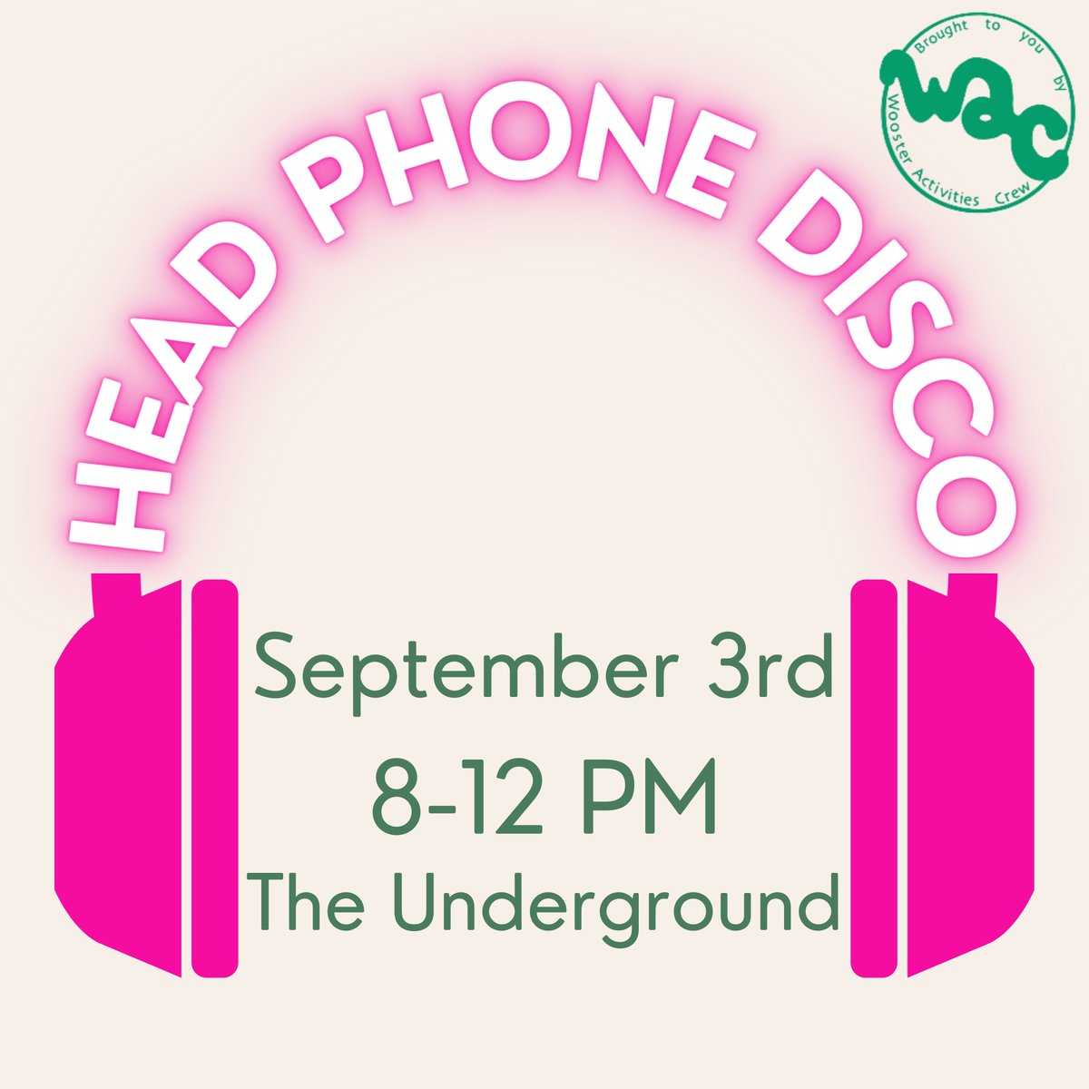 WACWooster's tweet image. This Friday join us for Headphone Disco! This is an awesome event where you get a pair of headphones and 2 DJs will be playing awesome music you can hear through them. Switch between the two channels. Hope to see you there. 8pm-12am at @TheUGWooster.