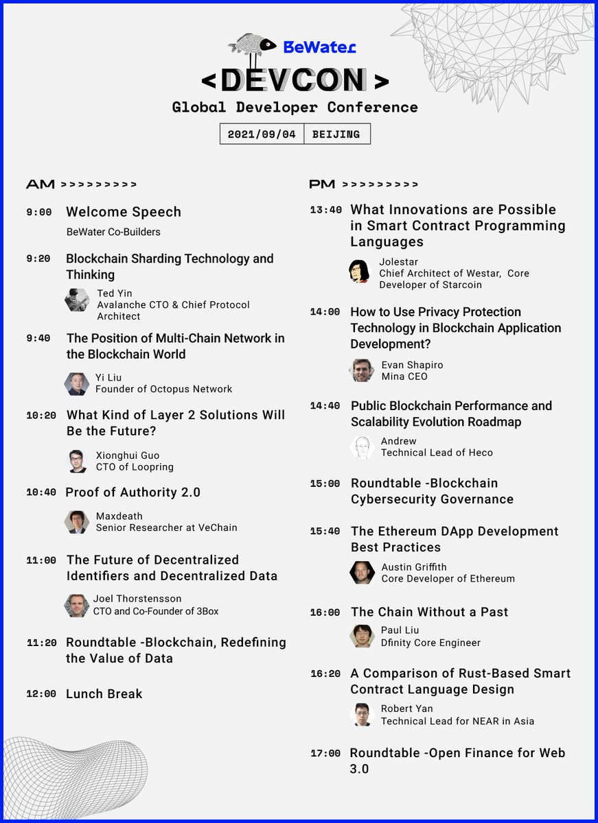 BeWaterDAO's tweet photo. 5⃣days to go!
#BeWaterDevCon 2021 opens on Sep.4th!
Core technical leaders from these outstanding blockchain projects below will be giving insightful presentations 👏
@vechainofficial @NEARProtocol @MinaProtocol @dfinity @avalancheavax @3boxlabs @loopringorg @ethereum #blockchain https://t.co/67qKs0e6cg