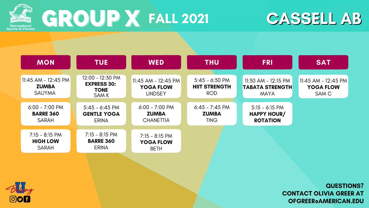 Cassell Fitness center schedule for Group X. Preview week: Aug 30 - Sept 6 (No charge) 
Purchase your Unlimited Class Pass for $70
Starting September 7th:
$75 - Unlimited Class Pass 
$9 - Single Class Pass
Purchase at the Fitness Center Front Desk. #aurecfit #aueagles #ubelong