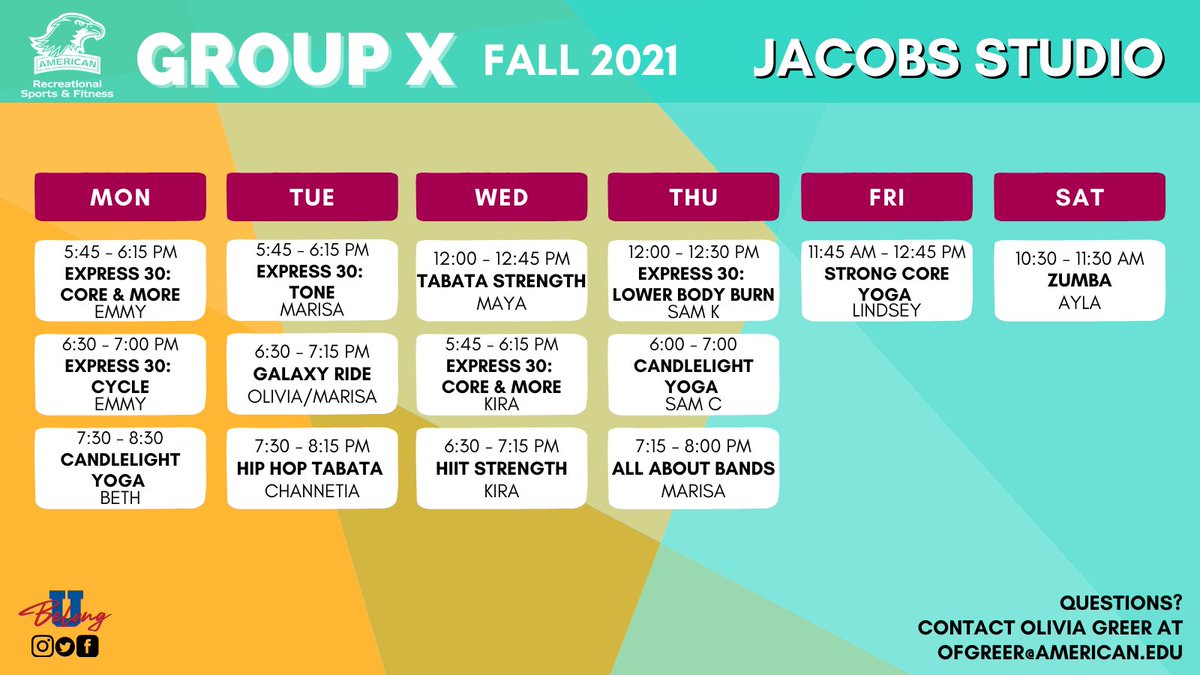 Jacobs Fitness center schedule for Group X. Preview week: Aug 30 - Sept 6 (No charge) 
Purchase your Unlimited Class Pass for $70
Starting September 7th:
$75 - Unlimited Class Pass 
$9 - Single Class Pass
Purchase at the Fitness Center Front Desk. #aurecfit #aueagles #ubelong