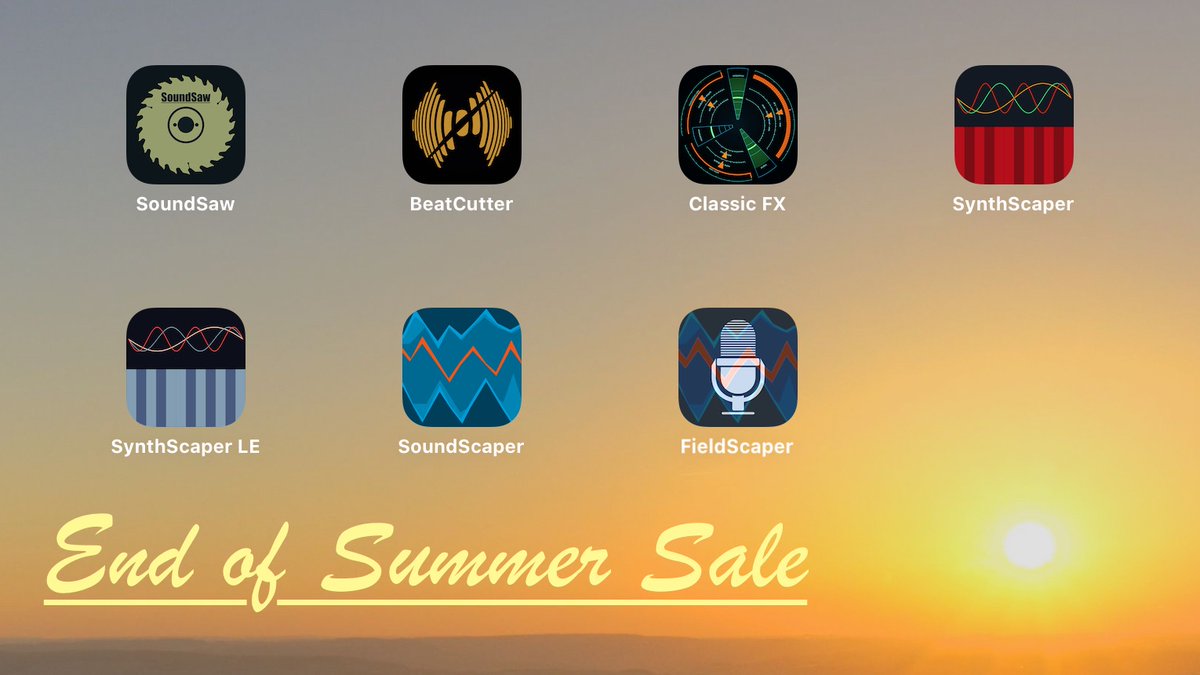 zzzwiw's tweet photo. All apps: SoundSaw, BeatCutter, Classic FX, SynthScaper, FieldScaper, SoundScaper! Info, demos and reviews https://t.co/i2QHh7CqQZ #sale #soundsaw #beatcutter #classicfx #synthscaper #fieldscaper #soundscaper #mobilemusic #ios #auv3 #musicapp https://t.co/Rk5ErSwtjU