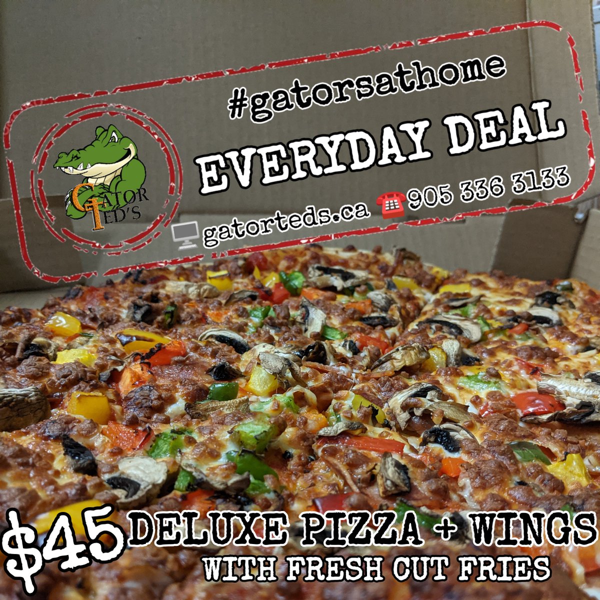 gator_teds's tweet photo. Ease back into the week + let us handle the Cooking today! Dine in or Take out!
👇DEALS👇
$35 Fajitas
$13/$45 Fish + Chips
$45 Deluxe Pizza + Wings
PLUS Rib Deals from $15!
➡️ @gatorteds.ca for Menus, Takeout + DELIVERY🚚
#gatorsathome #takeouttohelpout #supportlocal https://t.co/tqxT6PLENC
