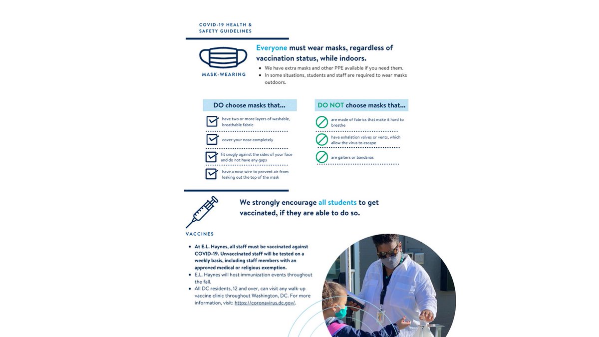 ELHaynesPCS's tweet photo. At E.L. Haynes, everyone must wear masks, regardless of vaccination status, while indoors. Read our mask requirements here: https://t.co/ap5LXjafft
#Back2SchoolDC #COVID19 https://t.co/kIC5izPeKO