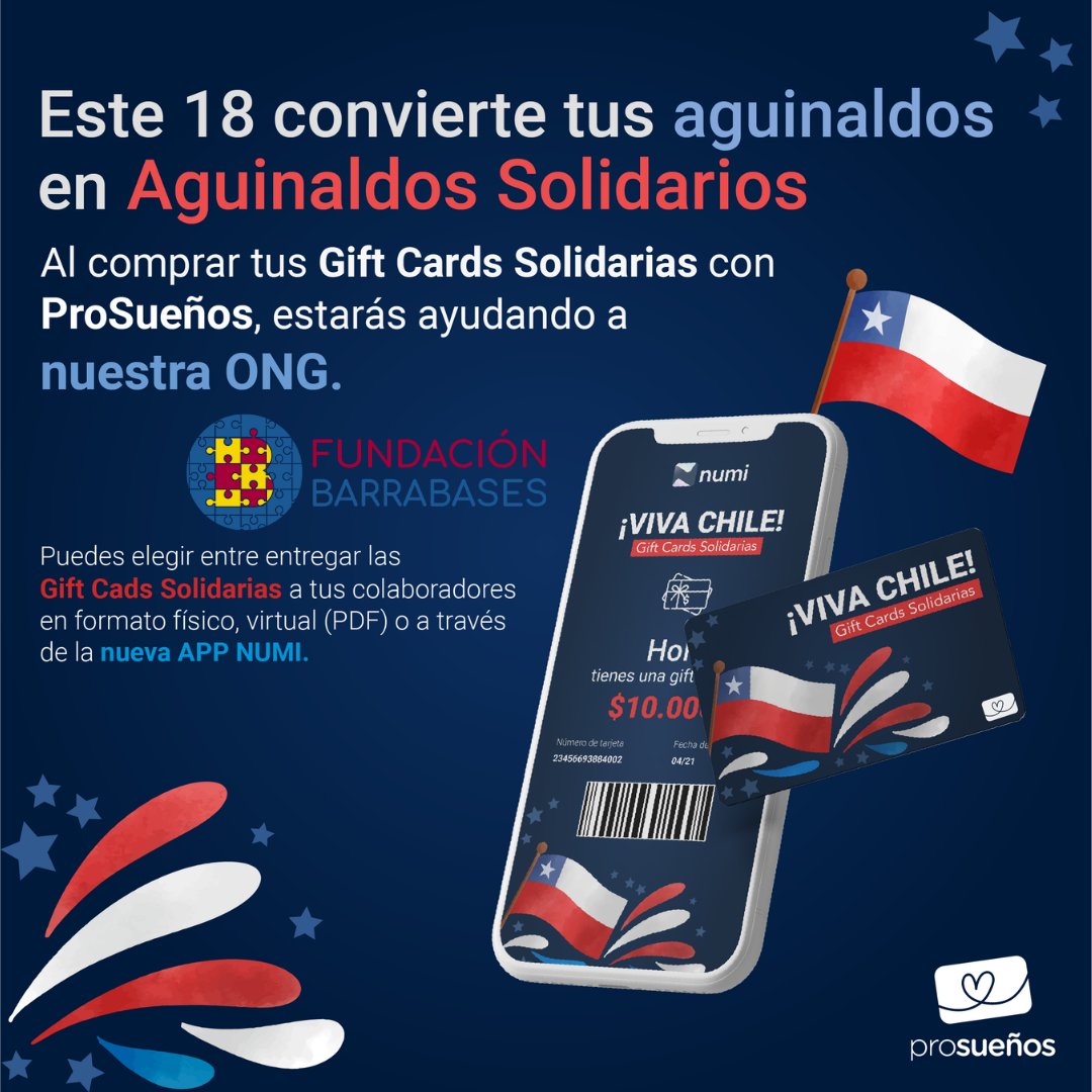 FBarrabases's tweet photo. 🇨🇱 ¡SE ACERCA EL 18! 🇨🇱 y ¿qué mejor que convertir tus aguinaldos para tus colaboradores en aguinaldos solidarios? ❤️ 
Compra tus Gift Cards contactando a : contacto@prosueno.cl y sigue las instrucciones.

#SentidoSocial #ProSueños #TarjetasSolidarias #GiftCards #CompraConSentido https://t.co/mIFkpmOUWa