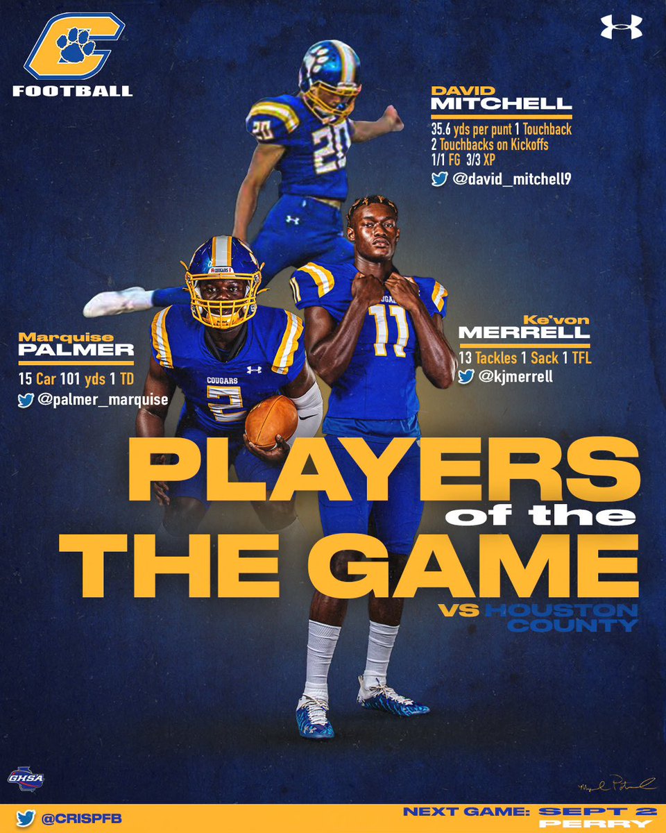 CrispFB's tweet photo. Congrats to the Players of the Week against Houston County last Friday. 

OFFENSE: ‘22 RB  @marquise_palmer 
DEFENSE: ‘24 LB @KjMerrell 
SPT: ‘23 K/ P @David_mitchell9 

#DET
#BeDifferent https://t.co/LuyxwTzLoD