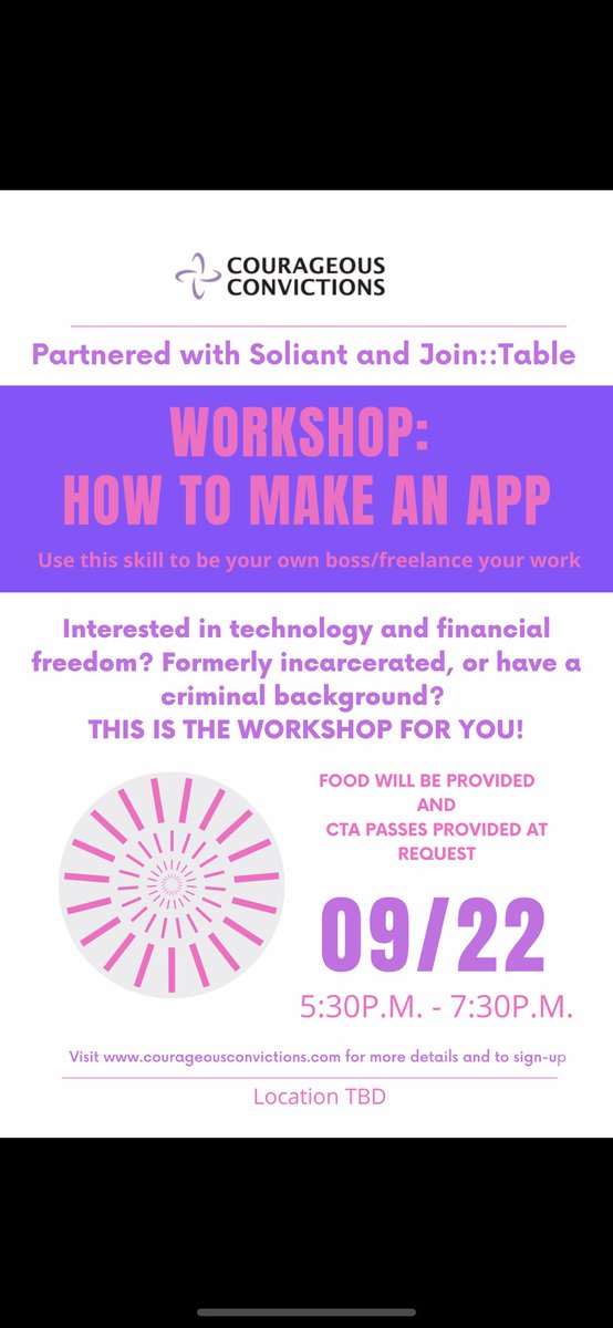 Courageous_Chi's tweet image. Financial freedom? You can achieve it. Going through reentry and in Chicago? Sign up for this workshop! CTA passes provided on request and food will be provided! Learn to make an app #tech #reentry #systemicchange #nonprofit #chicago