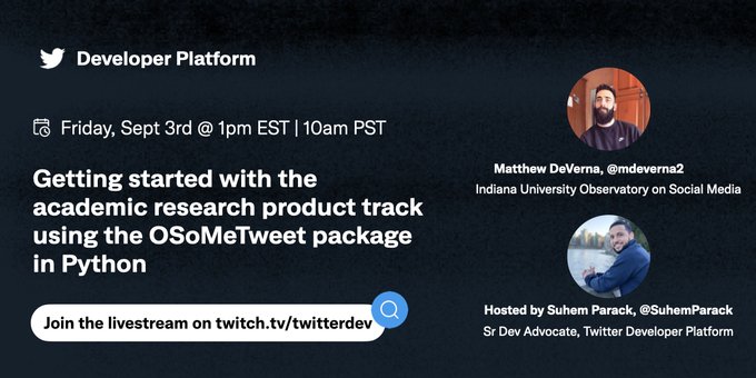 This Friday, join us for our next livestream on academic research using the #TwitterAPI v2.  We will<a href="/tag/twitterapi"class="tags"><span>#twitterapi</span></a>