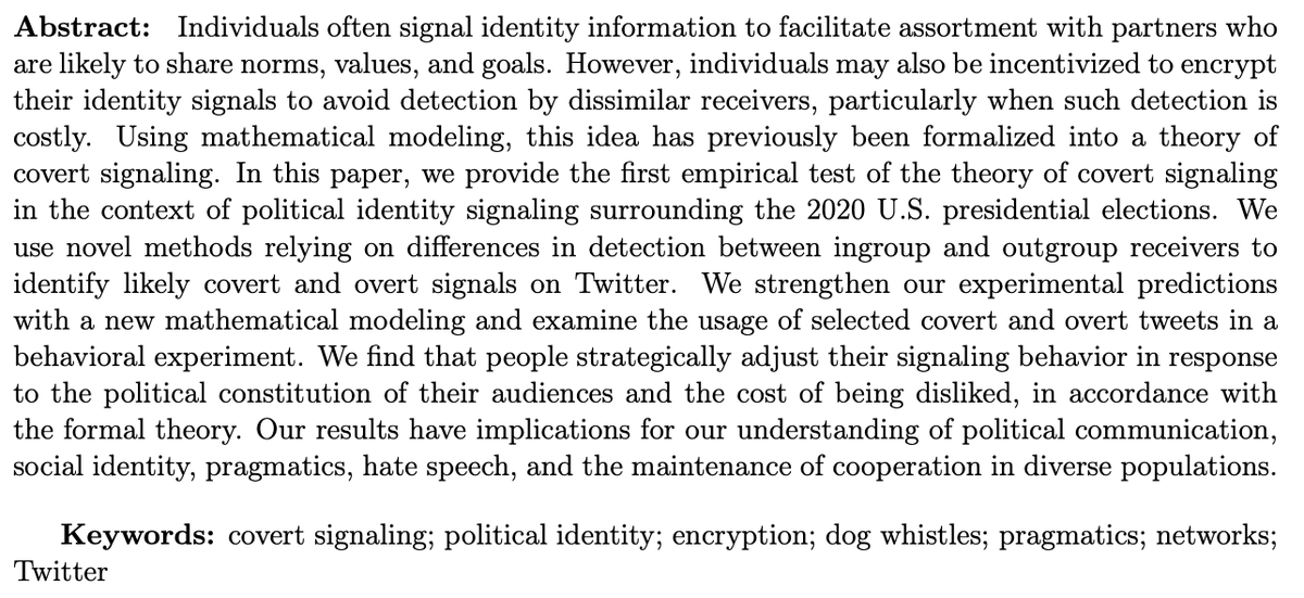 psmaldino's tweet photo. New preprint: "Strategic Identity Signaling in Heterogeneous Networks." . w/ @tam_does, Mirta Galesic, and Zack Dunivin. We empirically test models of covert  signaling using tweets about US political identity just before the 2020 election. https://t.co/Uc3RFWutdU https://t.co/nx73jqp52Q
