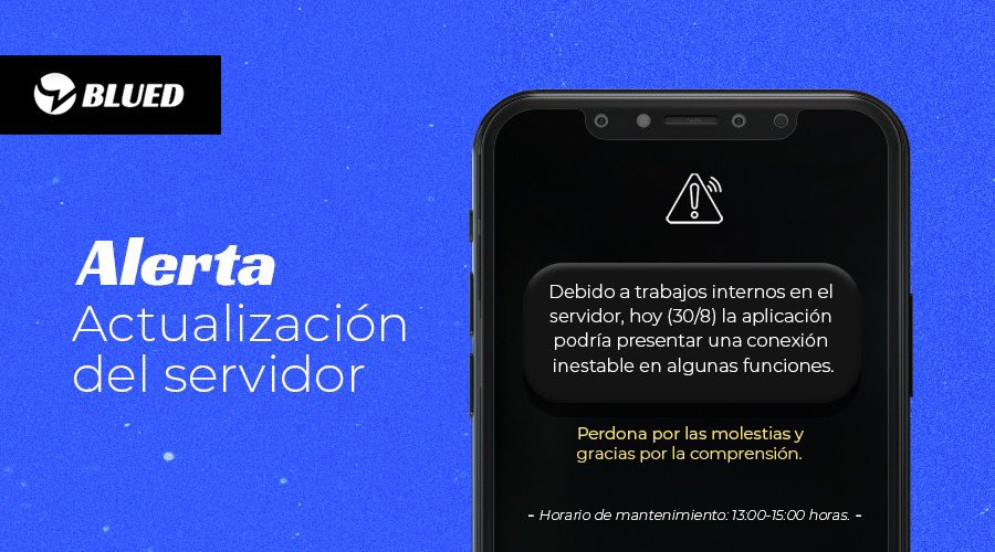 blued_espanol's tweet photo. 🚨¡ATENCIÓN!🚨 Bluers, debido a trabajos de mantenimiento es muy posible que hoy #BluedApp presente algunos problemas en sus distintas funciones.📱💥
Perdonen las molestias que esto podría generar, todo regresará a la normalidad lo antes posible. ¡Gracias!😊⚡️ https://t.co/As0OE8a1oB