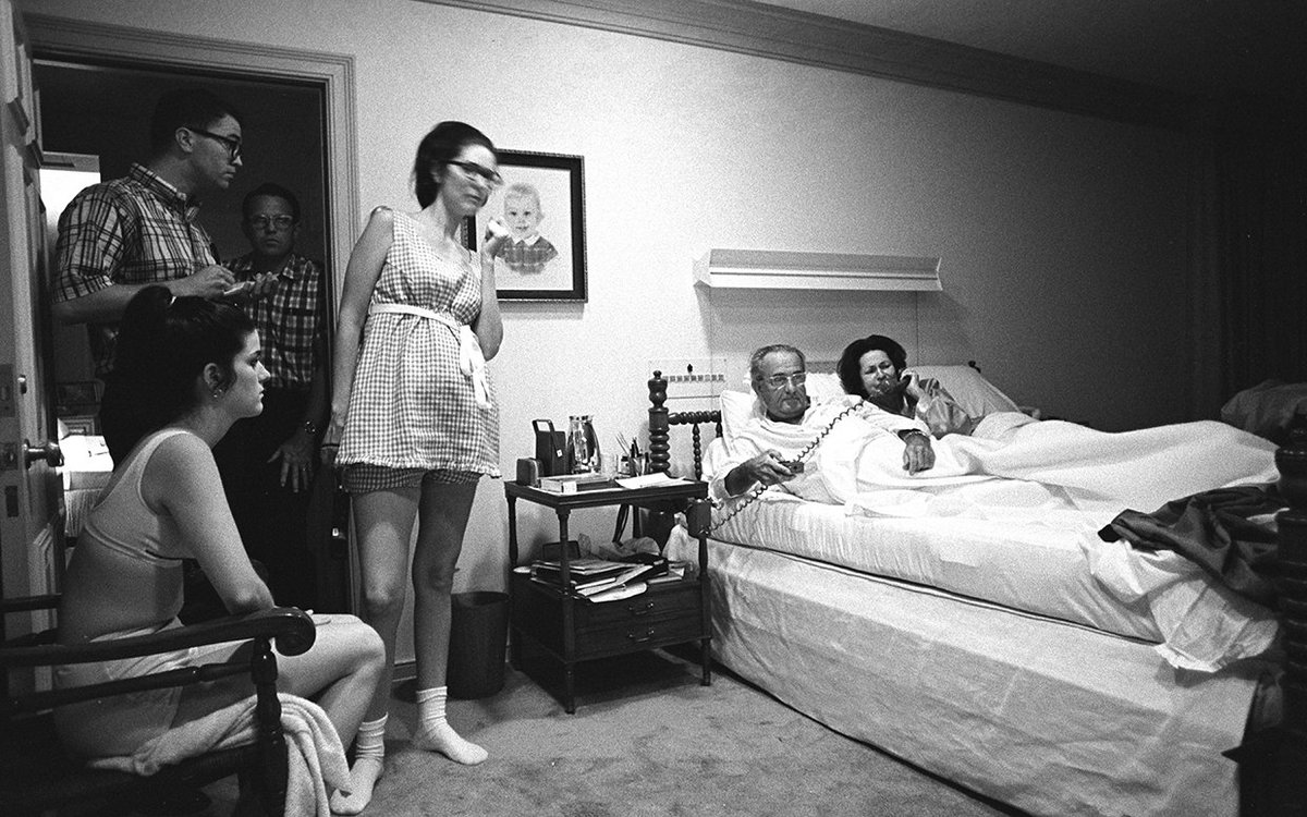 LBJ with channel-changer and family in LBJ Ranch bedroom, watching tumultuous Democratic convention in Chicago on TV, this week 1968:          #LBJL