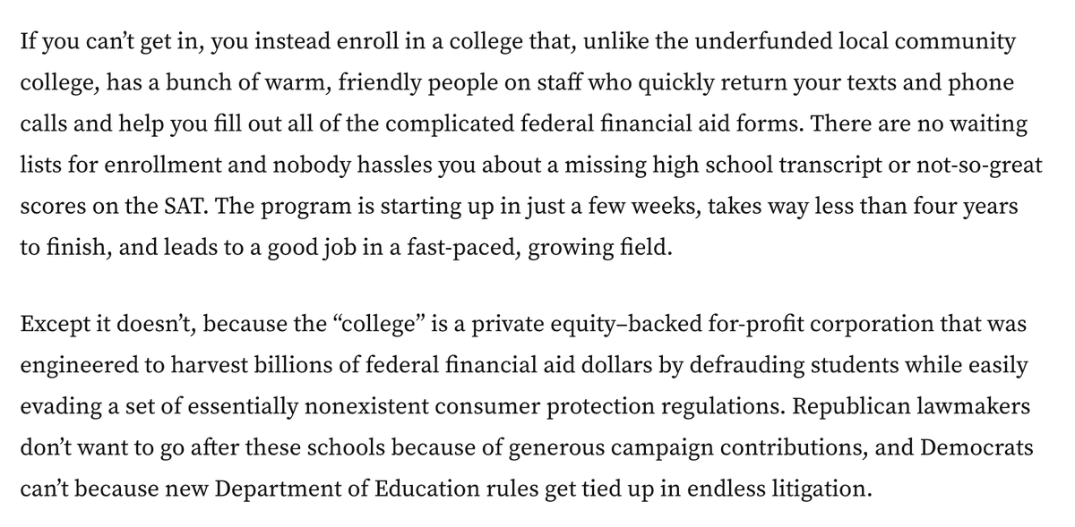 DaHalperin's tweet photo. Good two-paragraph summary of the bulk of for-profit college industry and the politics around it. By @kevincarey1 
https://t.co/g1a5SqnYlK https://t.co/XpggSAJxTp