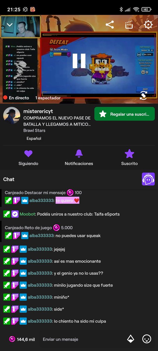 Mi novio ahora mismo no tiene mucho apoyo en los directos... Y me da pena por que el se esfuerza mucho y intenta siempre entretener a la gente. Y hoy han llegado a mítico en PL(grupo)❤️ 
Es una mala rachilla, ya veras que dentro de poco cambia la cosa <a href="/MisterEricYT/">MisterEric</a> 🥰