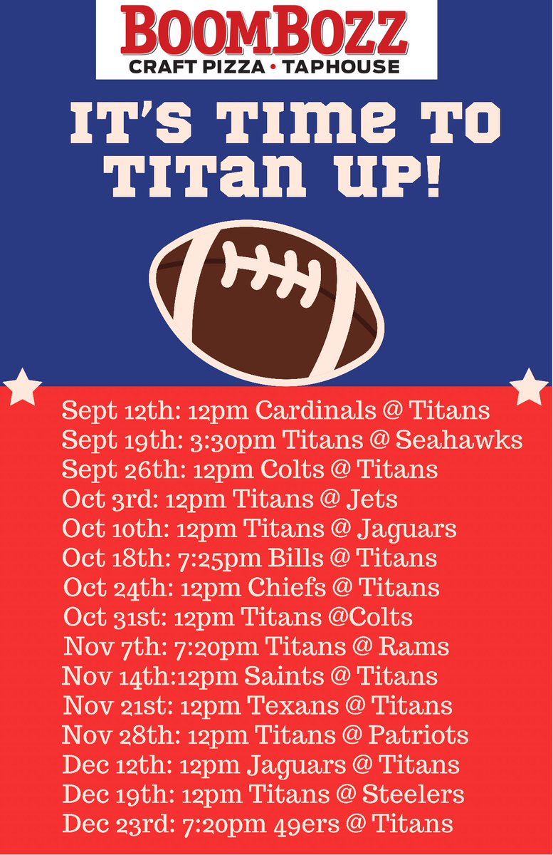 Here is the 2021 TENNESSEE TITANS schedule!
•
Join us at BoomBozz and TITAN UP! 
•
Over 50 TVs and 40 beers on tap! You don’t want to miss this! #pizzabeersports