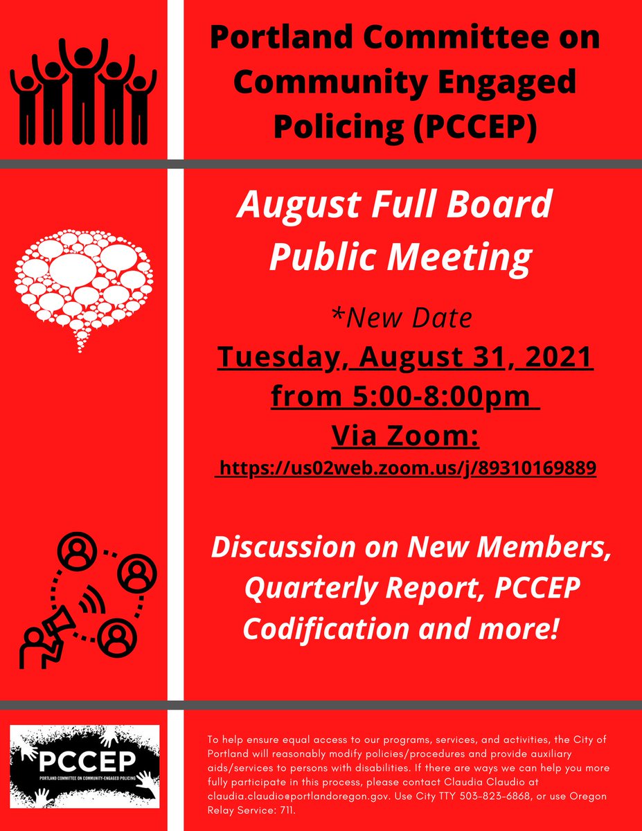 PCCEPpdx's tweet photo. Tomorrow! August 31st from 5-8p. The #PCCEP full board meeting will be discussing new members, codification and more! See the agenda for further details. https://t.co/FCtlcemMRC…
#Portland #Committee #Policing #Community https://t.co/VMJeIn61cO