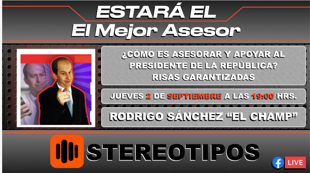 StereoTipos3's tweet photo. Este jueves en #stereotipos a reír y relajarnos un rato con el @champsanchez, 7:00pm fb live!! https://t.co/Y3xludjnvV