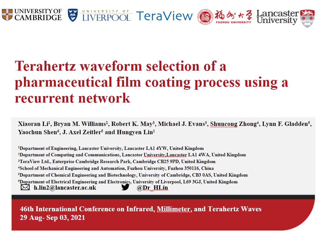 Well done to Xiaoran for his talk this morning at  #irmmw2021 using machine learning <a href="/BryW85/">Bryan M. Williams</a> <a href="/dsilancaster/">DSI Lancaster</a> <a href="/LancsUniEng/">LancasterEngineering</a> on #thz data from <a href="/THzCambridge/">Terahertz Cambridge</a> <a href="/LivUniEEE/">Liverpool Uni EEE</a> <a href="/TeraView/">TeraView</a> <a href="/Syntegon/">Syntegon</a> <a href="/EPSRC/">Engineering and Physical Sciences Research Council</a>