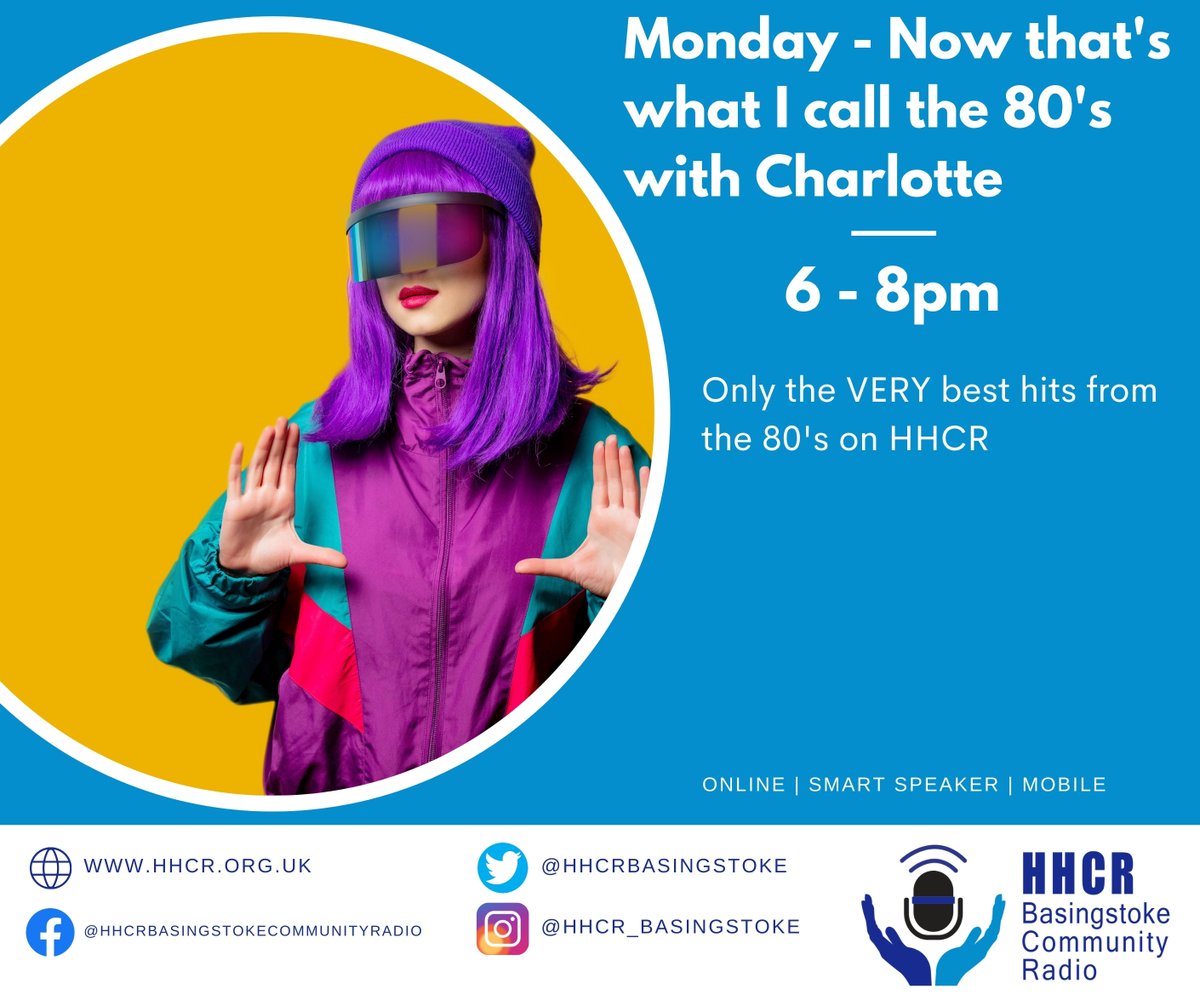 HHCRBasingstoke's tweet photo. Join me Charlotte between 6pm-8pm for Now that's what I call the 80's. 
On this weeks show we have Artist of the week and we also have the top 10 countdown for this week in an 80's year, but can you guess what the year was? 
Text in to 60060 start your message with HHCR. https://t.co/5nQyYjnuHc