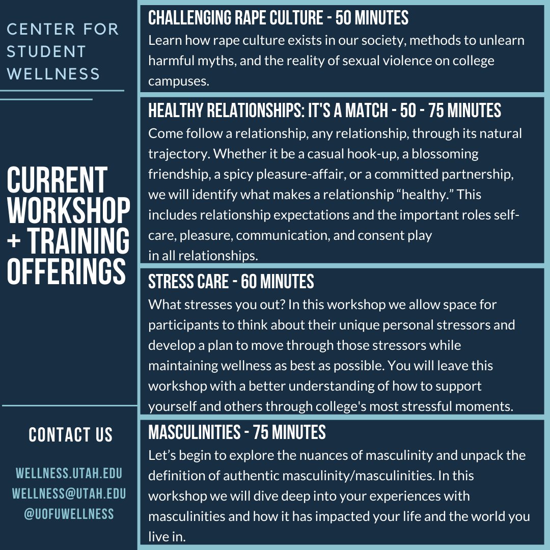 The Center for Student Wellness priorities wellness and safety of the campus community.  We acknowledge we are still in the midst of a global pandemic, which is why we have revised our workshop policy.  
wellness.utah.edu/workshops-trai…