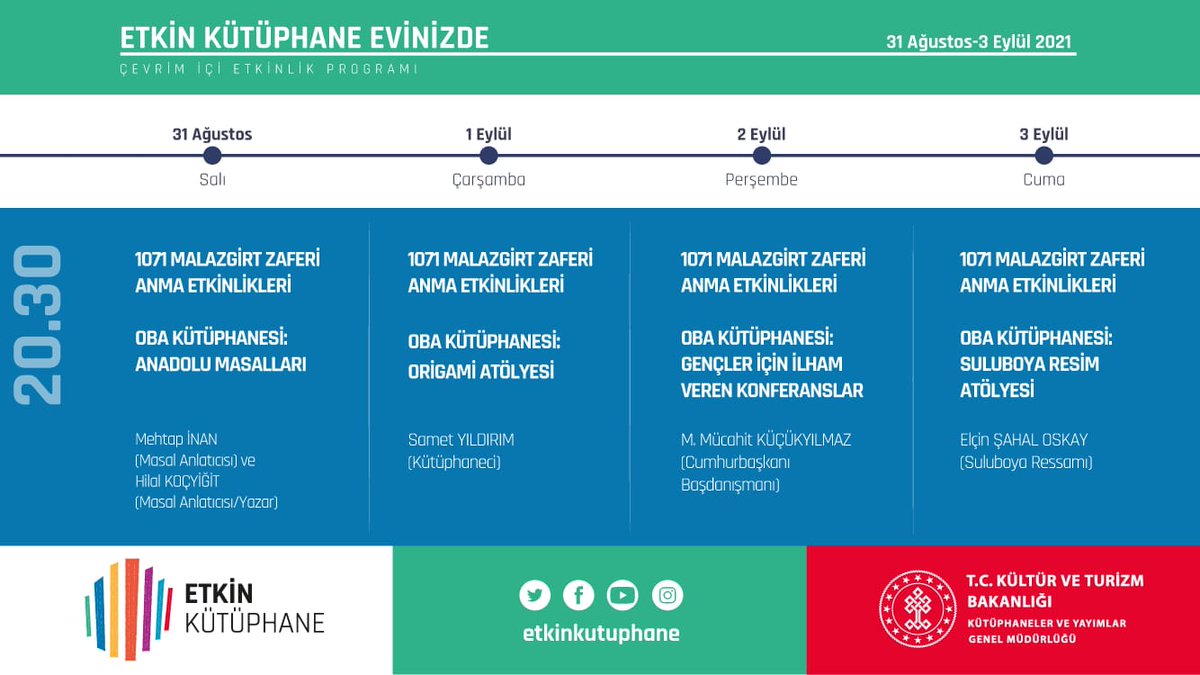 “Etkin Kütüphane Evinizde” uygulamamızın bu hafta sizinle buluşacak olan programları... 

<a href="/etkinkutuphane/">Etkin Kütüphane</a> 
<a href="/KTBKYGM/">KYGM</a>
